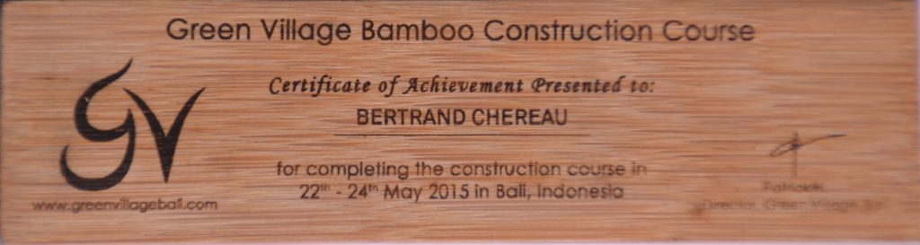 Certificat de formation à Bali de Bambou Créations