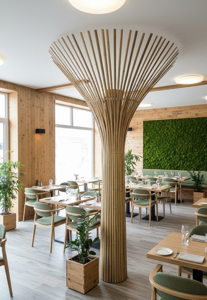 Arbre en lamelles de bambou dans un restaurant