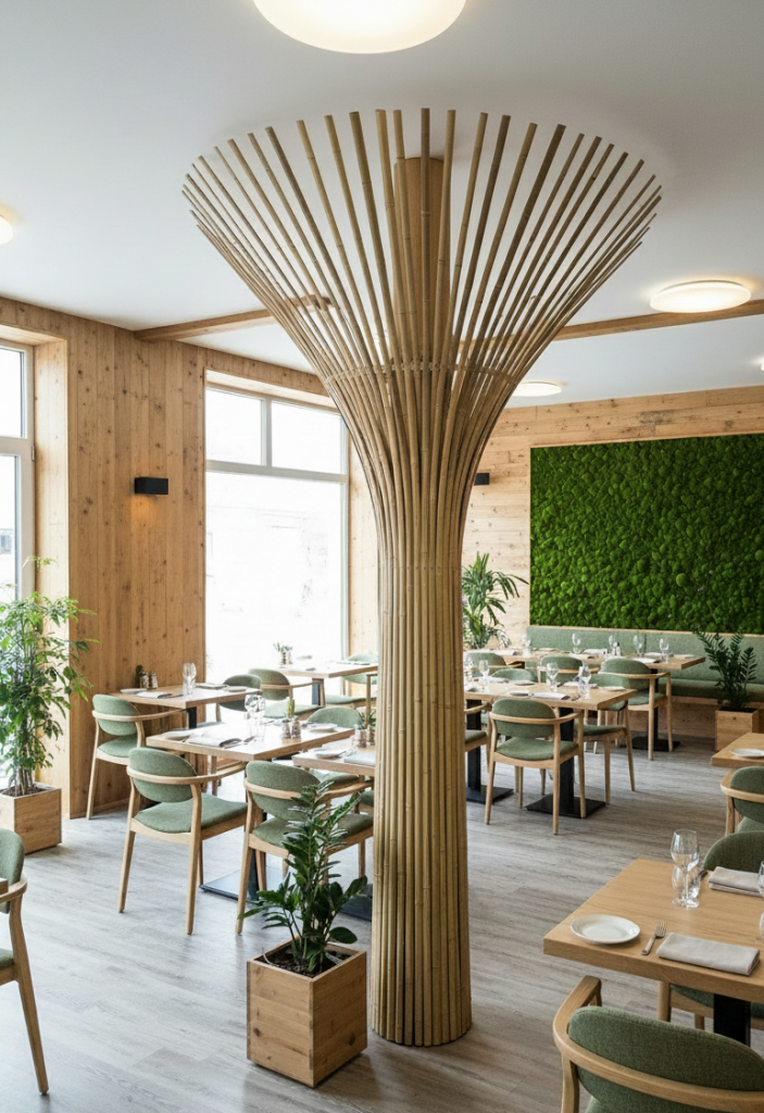 Arbre en lamelles de bambou dans un restaurant