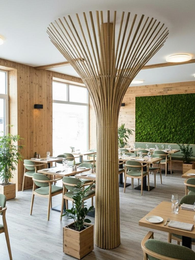 Arbre en lamelles de bambou dans un restaurant